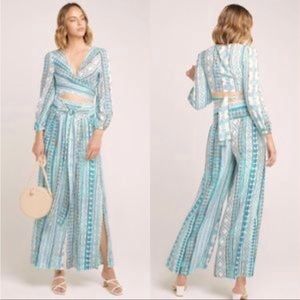 Zhu Ulma Minty Green Geo Paisley Print Crop Top Pant Set SzXS Wide Leg Side Wrap